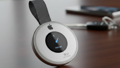 A conceptual second-generation Apple AirTag 2with a circular metal body, a small central digital display showing a tracking arrow, and an integrated fabric strap, resting on a wooden table