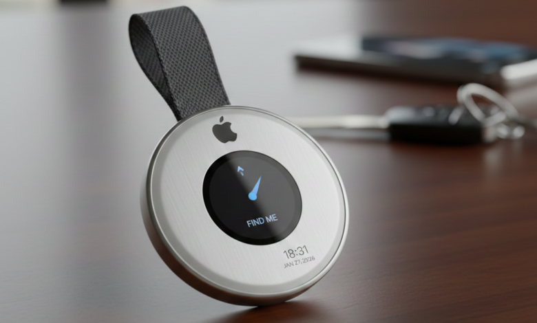 A conceptual second-generation Apple AirTag 2with a circular metal body, a small central digital display showing a tracking arrow, and an integrated fabric strap, resting on a wooden table