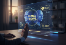 A futuristic digital interface showing two translucent human heads facing each other, titled 'Human Firewall: 2026 Cyber Awareness.' The screen displays security icons for 'Safe Word Strategy' and 'Agentic AI Literacy,' with a human hand reaching out to touch the glowing holographic display on a dark wooden desk