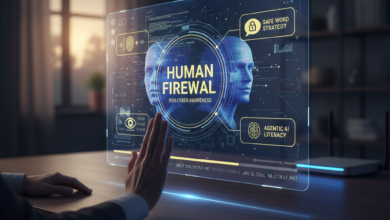 A futuristic digital interface showing two translucent human heads facing each other, titled 'Human Firewall: 2026 Cyber Awareness.' The screen displays security icons for 'Safe Word Strategy' and 'Agentic AI Literacy,' with a human hand reaching out to touch the glowing holographic display on a dark wooden desk