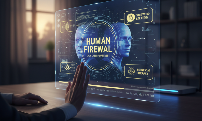 A futuristic digital interface showing two translucent human heads facing each other, titled 'Human Firewall: 2026 Cyber Awareness.' The screen displays security icons for 'Safe Word Strategy' and 'Agentic AI Literacy,' with a human hand reaching out to touch the glowing holographic display on a dark wooden desk
